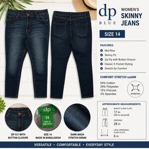 Dip Blue Womens Skinny Jeans Dark Wash Mid Rise Stretch Denim Size 14 RN 29360